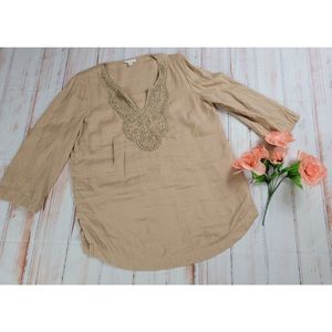 Charter Club Women's 100% Linen Beige Gold Embellished Blouse Tunic Top Size L